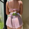 Cute Pink Flower Lace Ribbon Bra Set - Sexy Steel Ring Lingerie