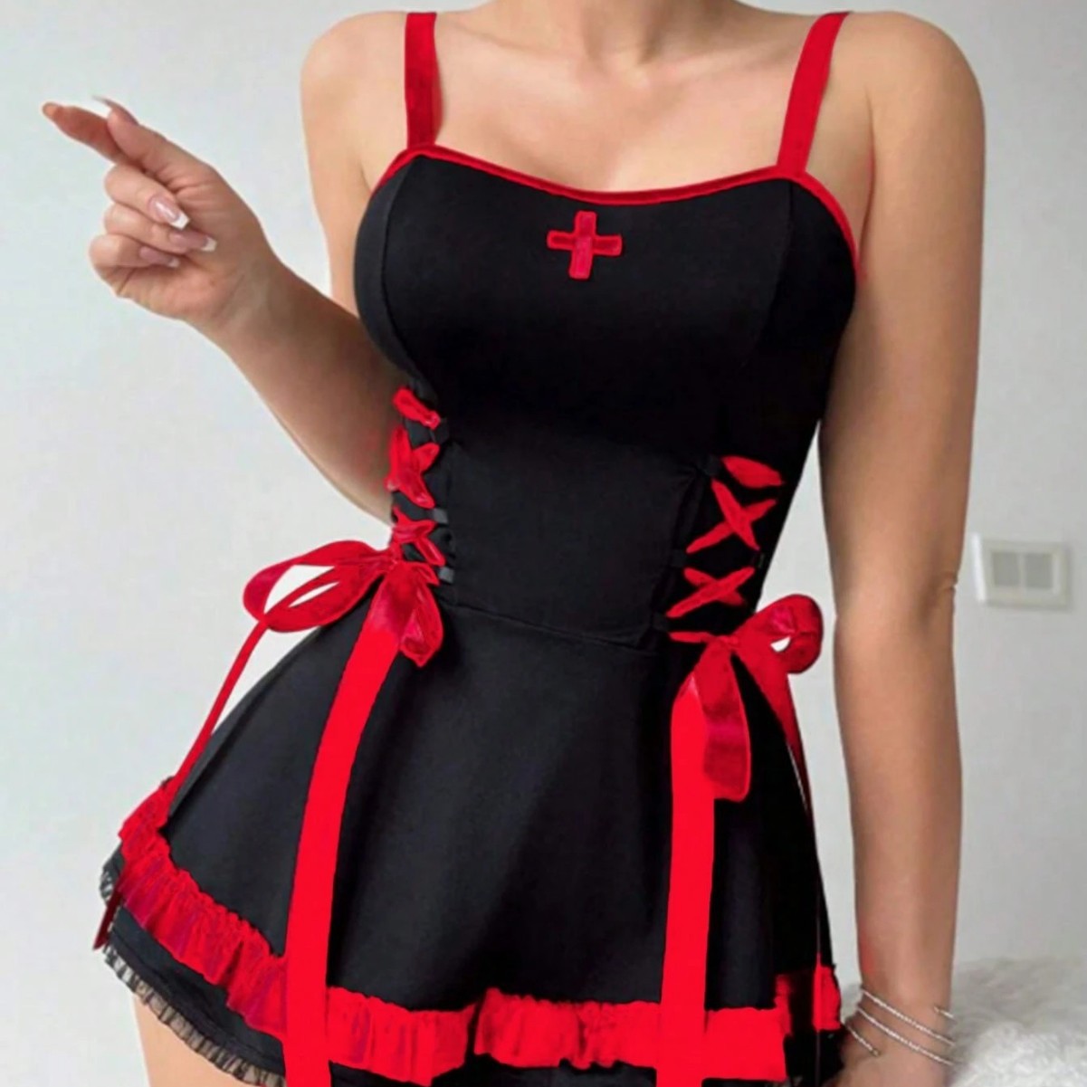 Sexy Black & Red Nurse Lingerie Costume for Women - Image 2