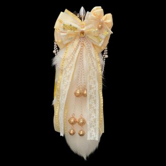 Handmade Light Yellow Bow Bell Anal Plug with Real Fox Fur Tail