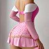 Meikeduo Pink Cute Girl Long Sleeve One-Shoulder Dress Sexy Lingerie Set