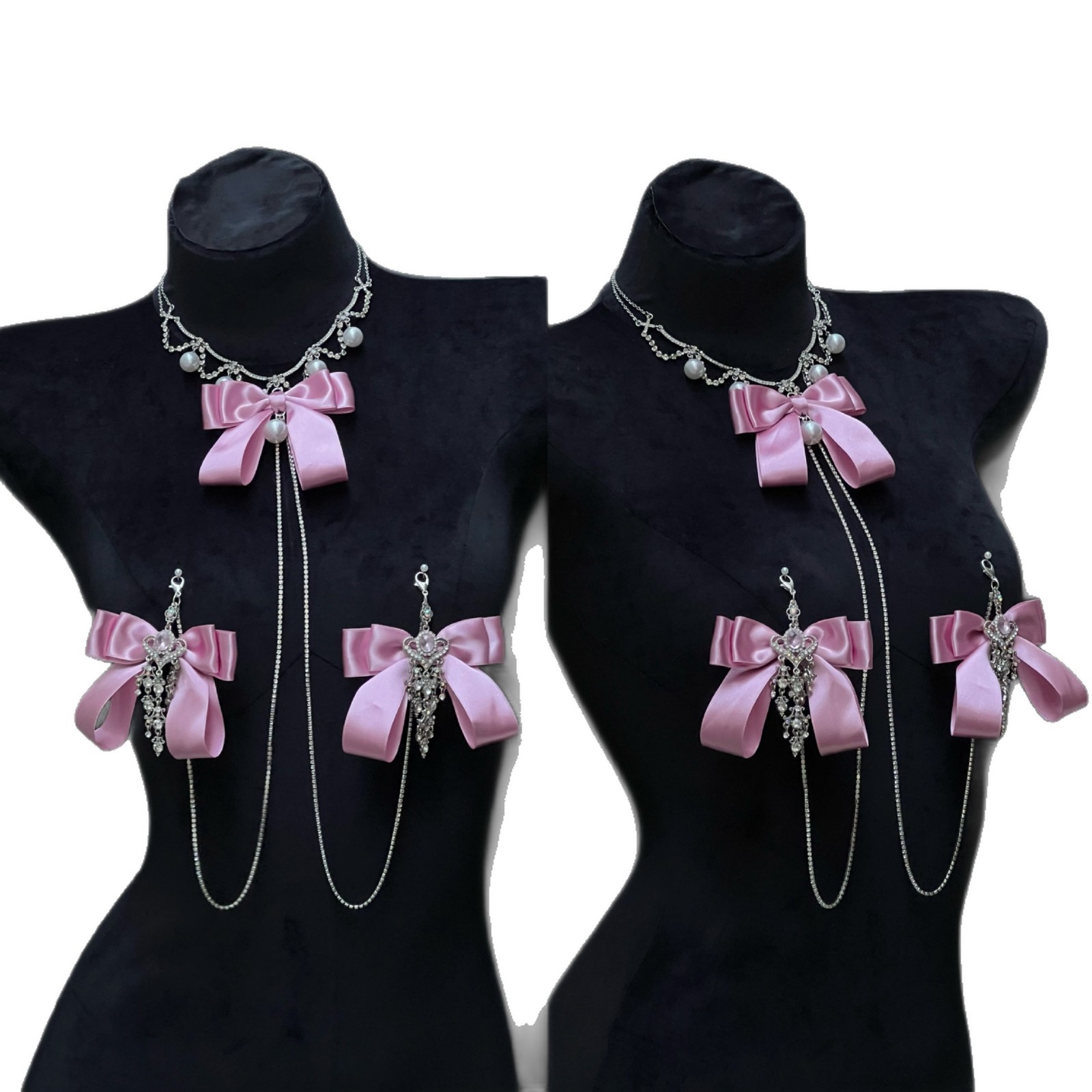 Alice Palace Style Pink Bow Rhinestone Chest Chain Necklace - Image 5