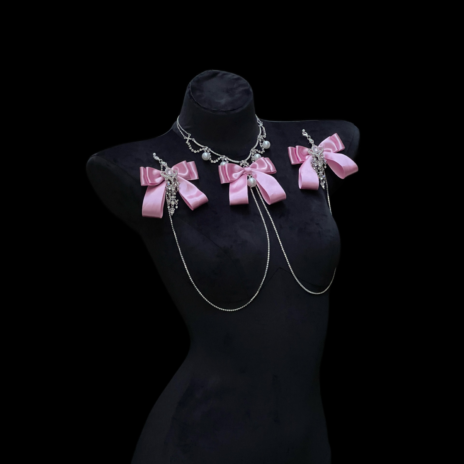 Alice Palace Style Pink Bow Rhinestone Chest Chain Necklace - Image 4