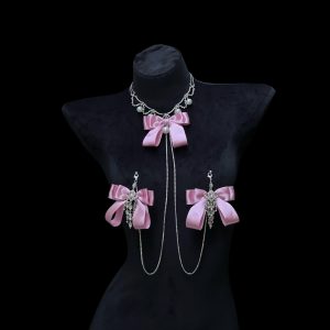 Alice Palace Style Pink Bow Rhinestone Chest Chain Necklace