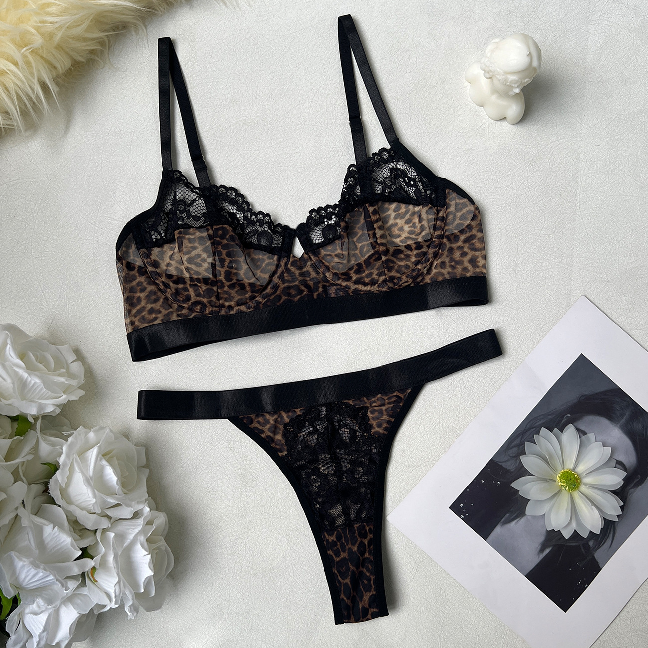 Sexy Leopard Print Lace Bra & Panty Set - Ultra-Thin See-Through Mesh Lingerie - Image 6