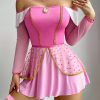 Meikeduo Pink Cute Girl Long Sleeve One-Shoulder Dress Sexy Lingerie Set