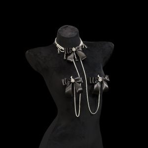 Victoria Original Design Luxury Rhinestone Nipple Chain with Black Bow
