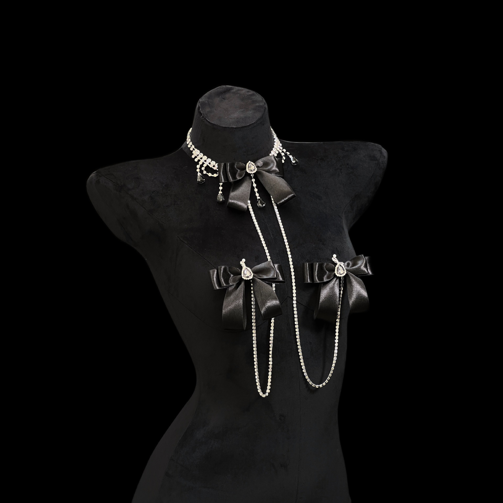 Victoria Original Design Luxury Rhinestone Nipple Chain with Black Bow - Image 2