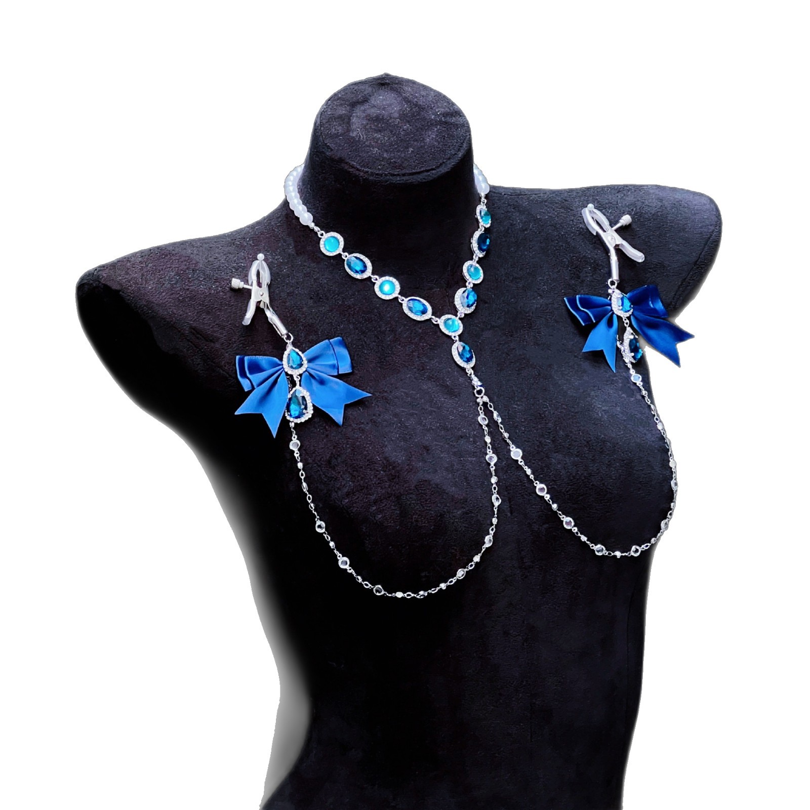 Retro Dark Blue Zircon Nipple Clamps Chest Chain Necklace - Image 5