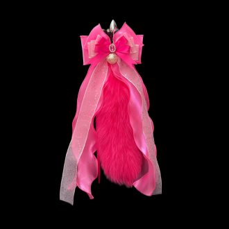 40cm Fluorescent Pink Fox Fur Tail Plug with Rose Red Bow and Bell