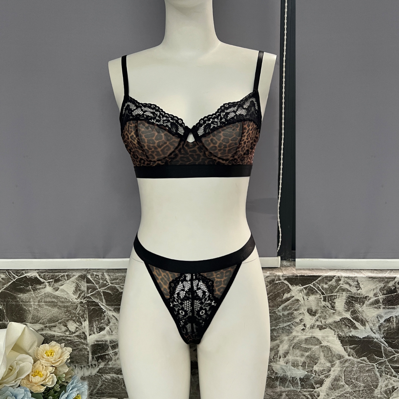 Sexy Leopard Print Lace Bra & Panty Set - Ultra-Thin See-Through Mesh Lingerie - Image 7