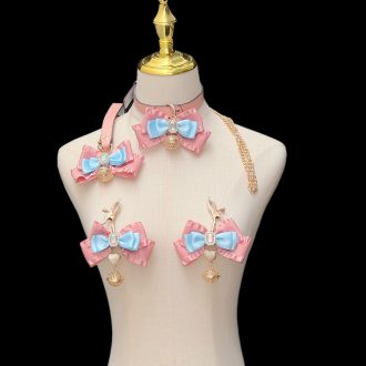 Pink Blue Satin Ribbon Dance Collar with Fox Tail & Anal Plug Set