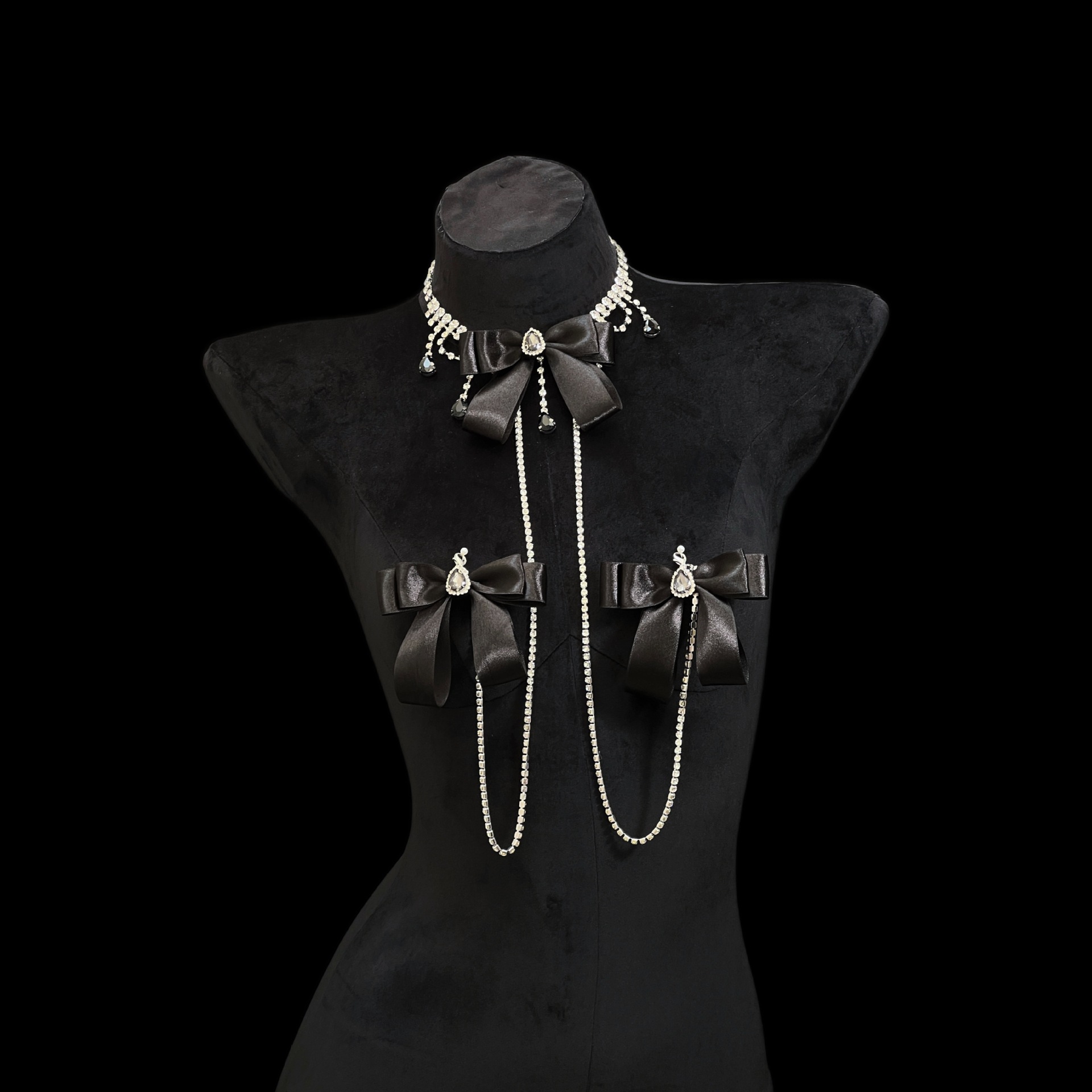 Victoria Original Design Luxury Rhinestone Nipple Chain with Black Bow