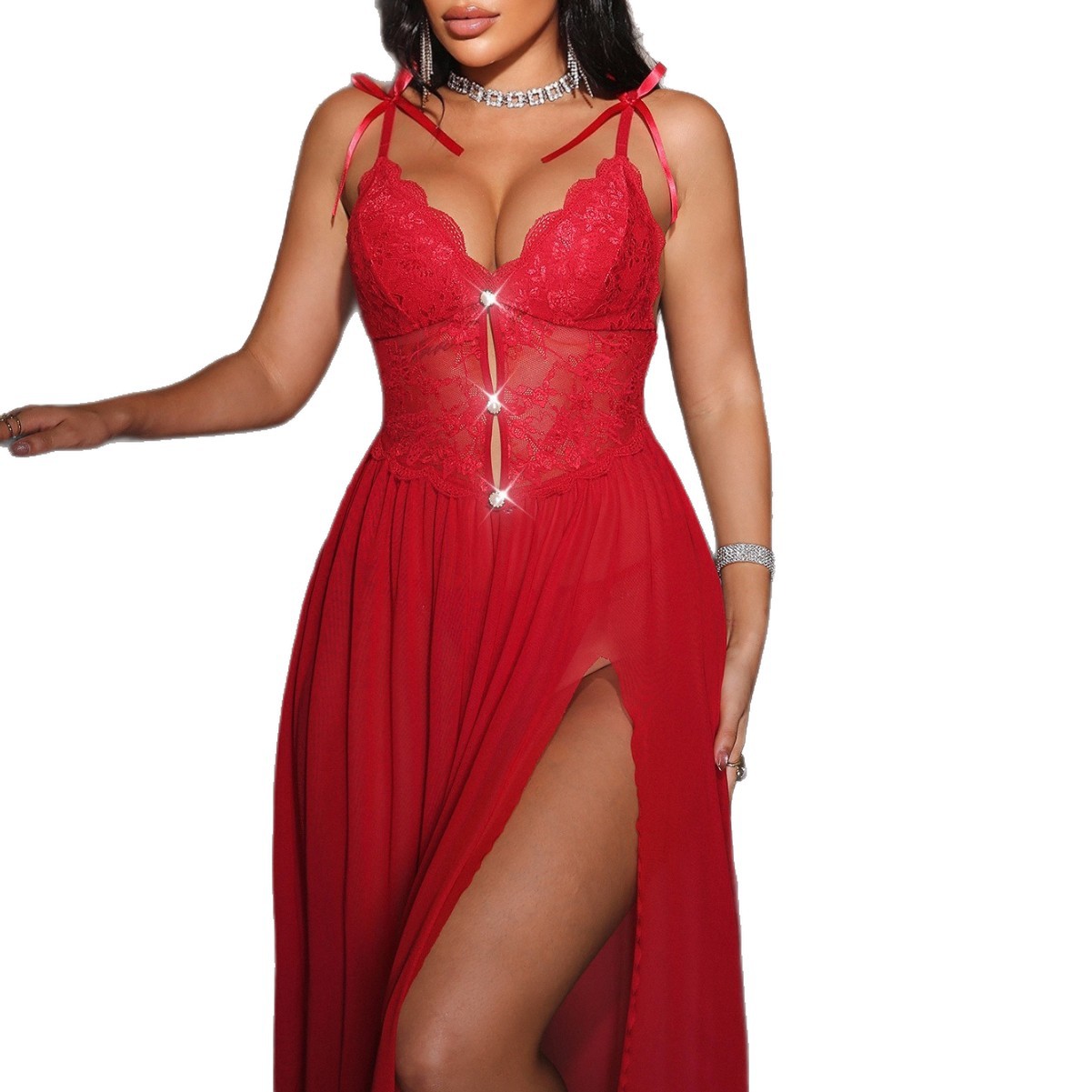Deep V Lace Strap Sexy Pajama Dress with Side Slit - Image 5