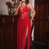 Deep V Lace Strap Sexy Pajama Dress with Side Slit