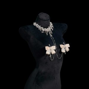 Champagne Rhinestone Palace Necklace with Bow – Sexy Chest Chain Jewelry