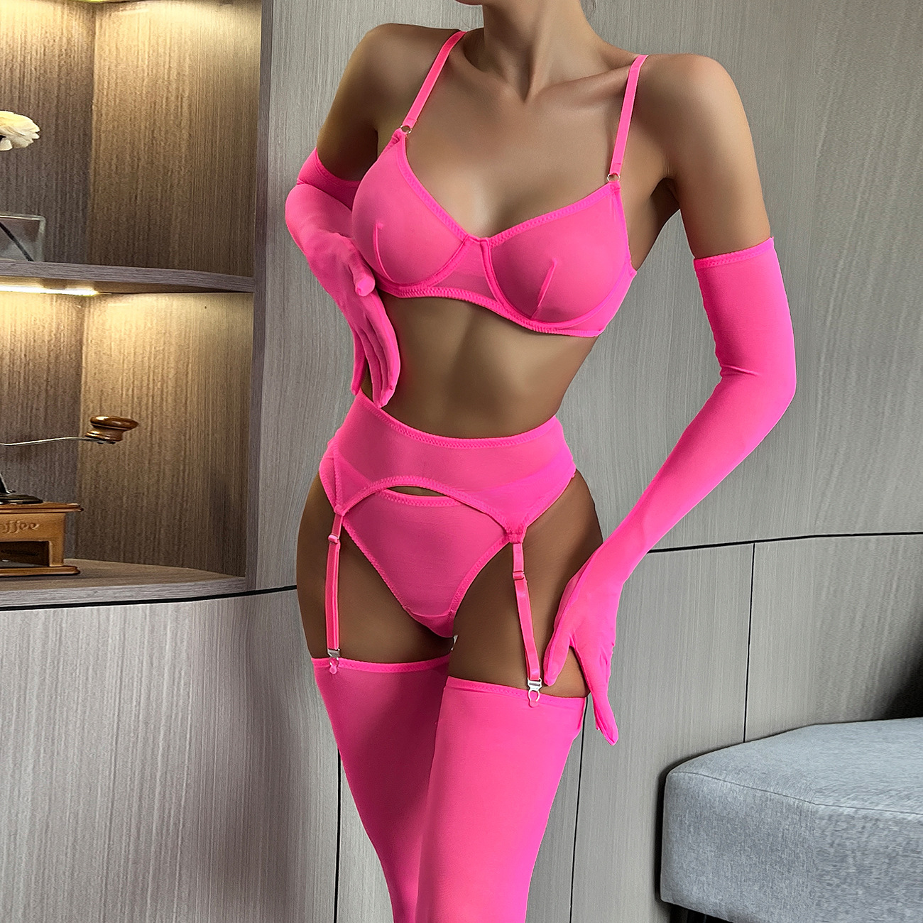 Rose Red Sexy Lingerie Set: Garter Gloves & Pure Color Intimates - Image 3