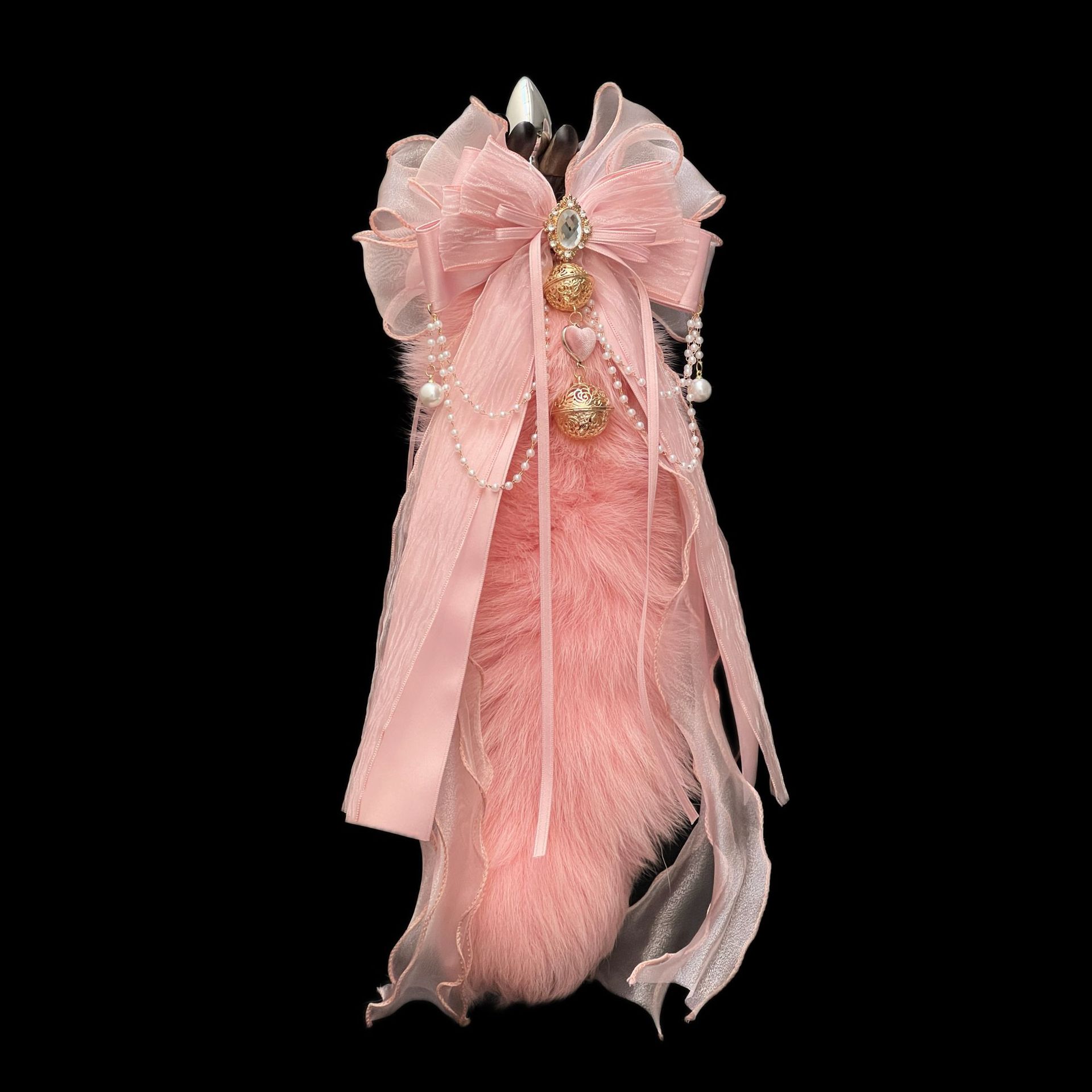 Rouge Pink Fox Fur Tail 40cm Anal Plug with Bell - Image 3