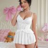 Sexy Pink See-Through Lace Bow One-Piece Lingerie Suspender Skirt Set