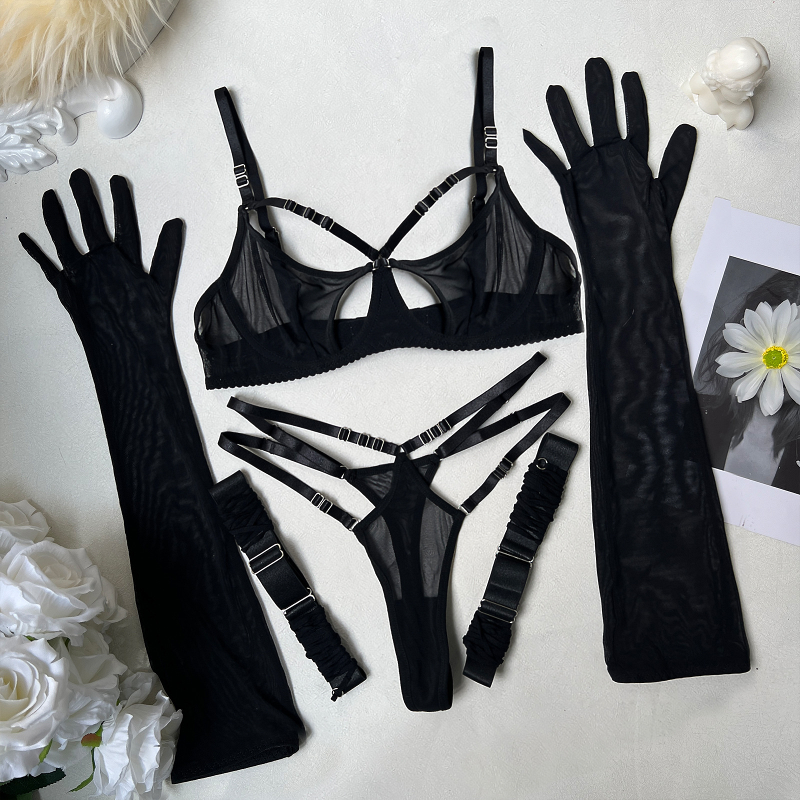 Sexy See-Through Mesh Push Up Bra & Panty 4-Piece Lingerie Set with Steel Ring - Image 6