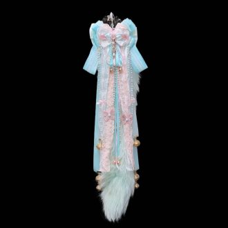 60cm Mint Green Fox Real Wool Tail with Pink Bow Bell