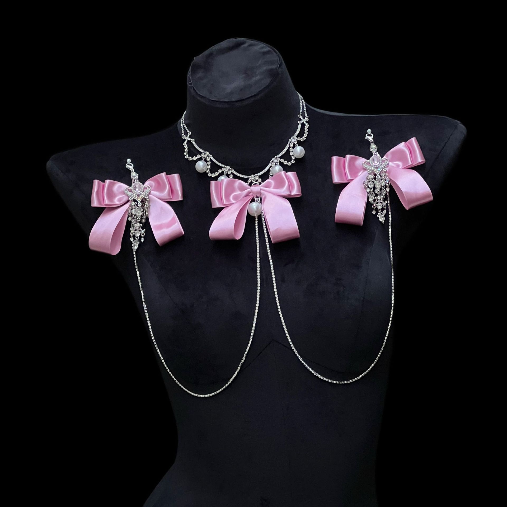 Alice Palace Style Pink Bow Rhinestone Chest Chain Necklace - Image 3