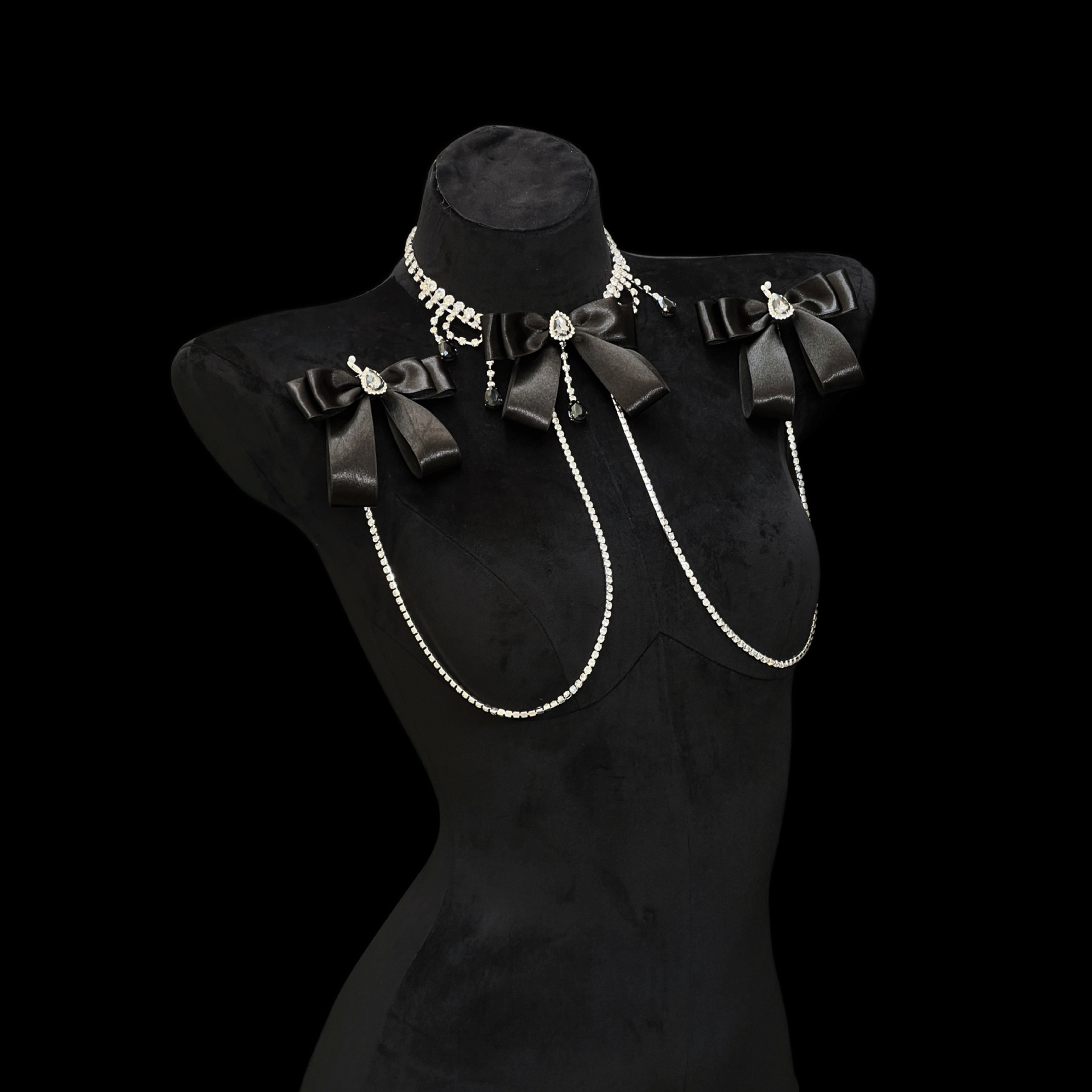 Victoria Original Design Luxury Rhinestone Nipple Chain with Black Bow - Image 4