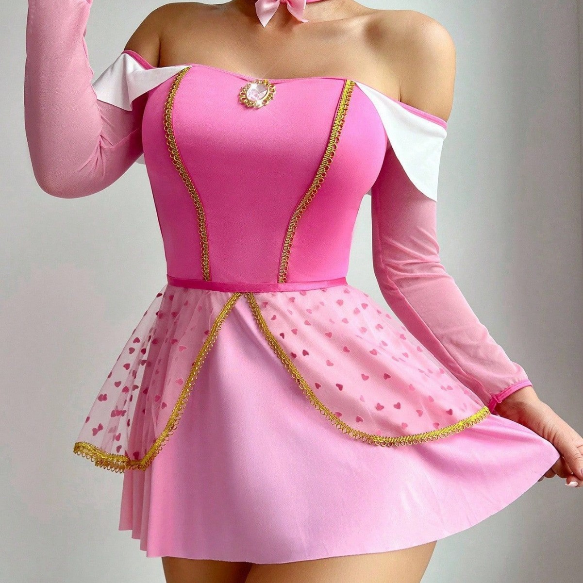 Meikeduo Pink Cute Girl Long Sleeve One-Shoulder Dress Sexy Lingerie Set - Image 3