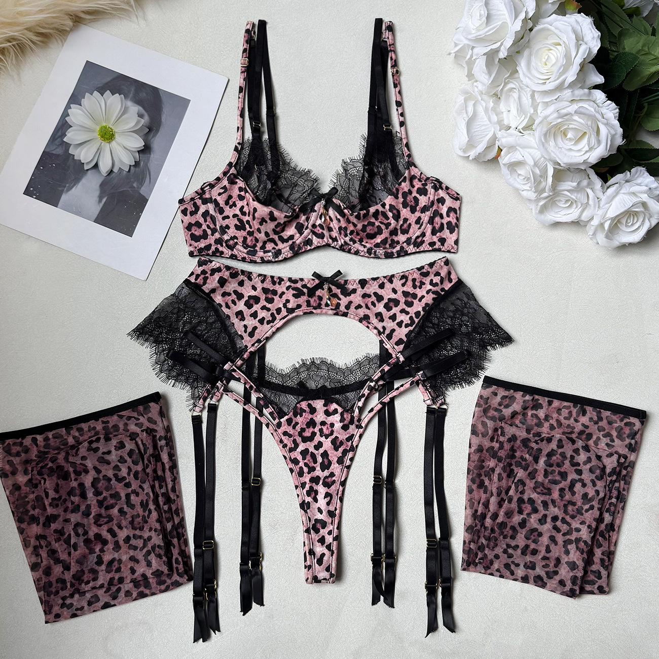 Leopard Lace Garter Set with Stockings - Sexy Lingerie for Women - Image 6
