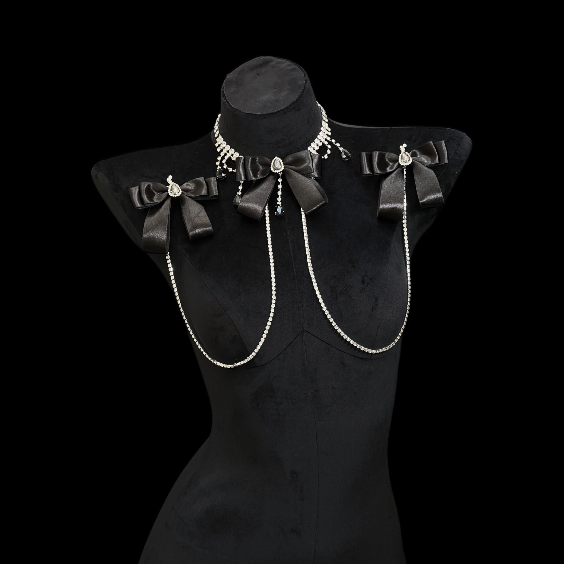 Victoria Original Design Luxury Rhinestone Nipple Chain with Black Bow - Image 3