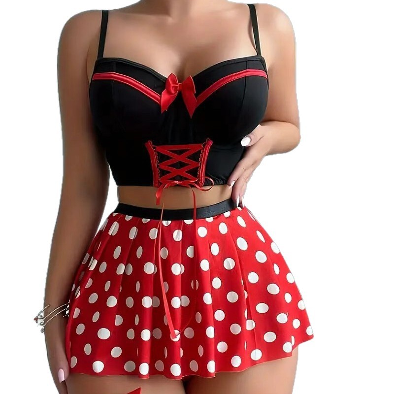Red Polka Dot Skirt Split Sexy Lingerie with Pure Lust Suspenders - Image 5