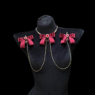 Burgundy Bow Rhinestone Palace Style Chest Chain Necklace