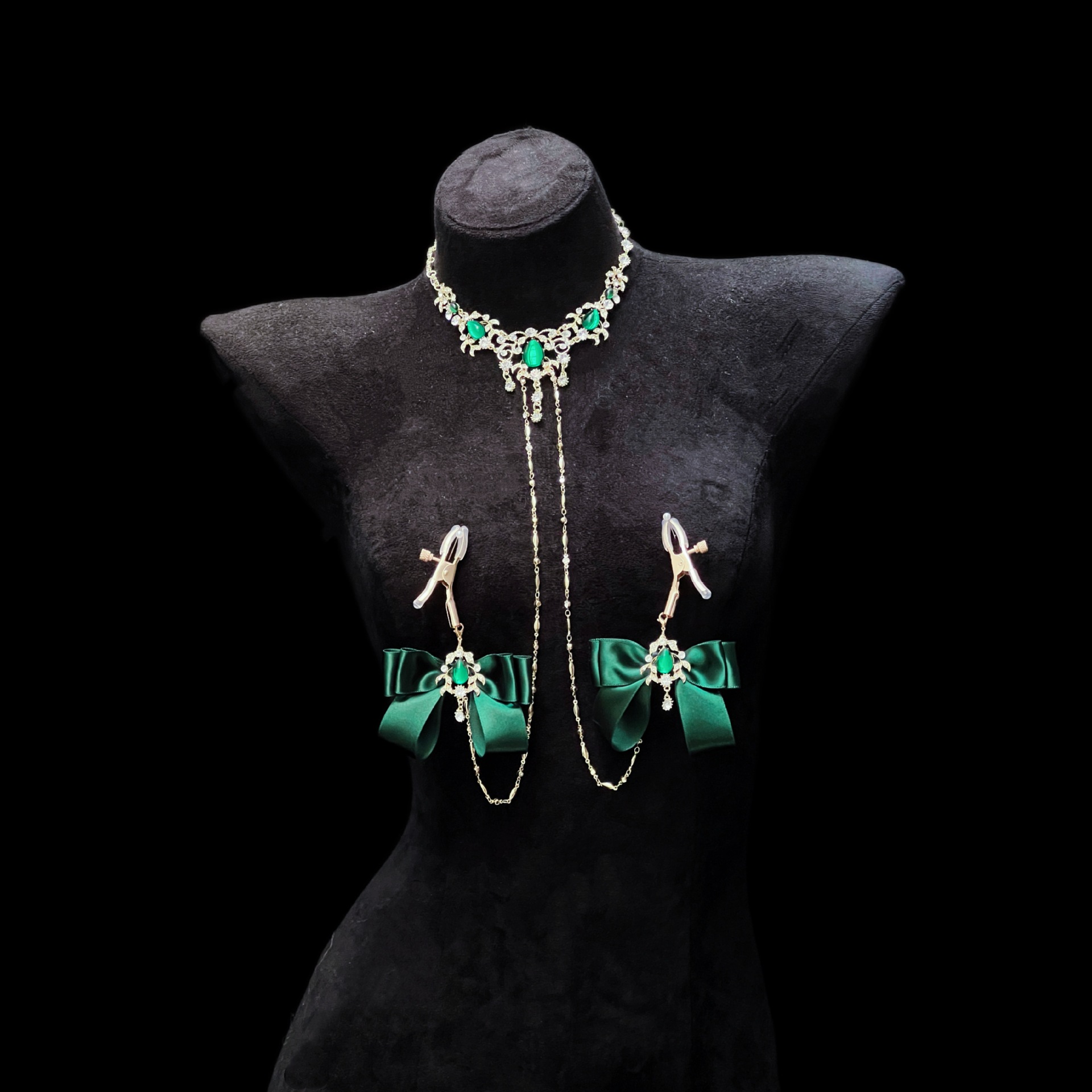Cuiying Original Design Retro Imitation Diamond Chest Chain with Dark Green Bows - Image 2