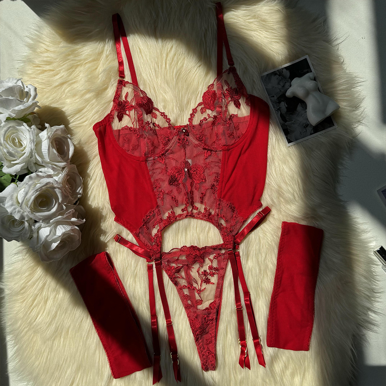 Embroidery Mesh See-Through Lingerie Set - Sexy Three-Piece Underwear - Image 10