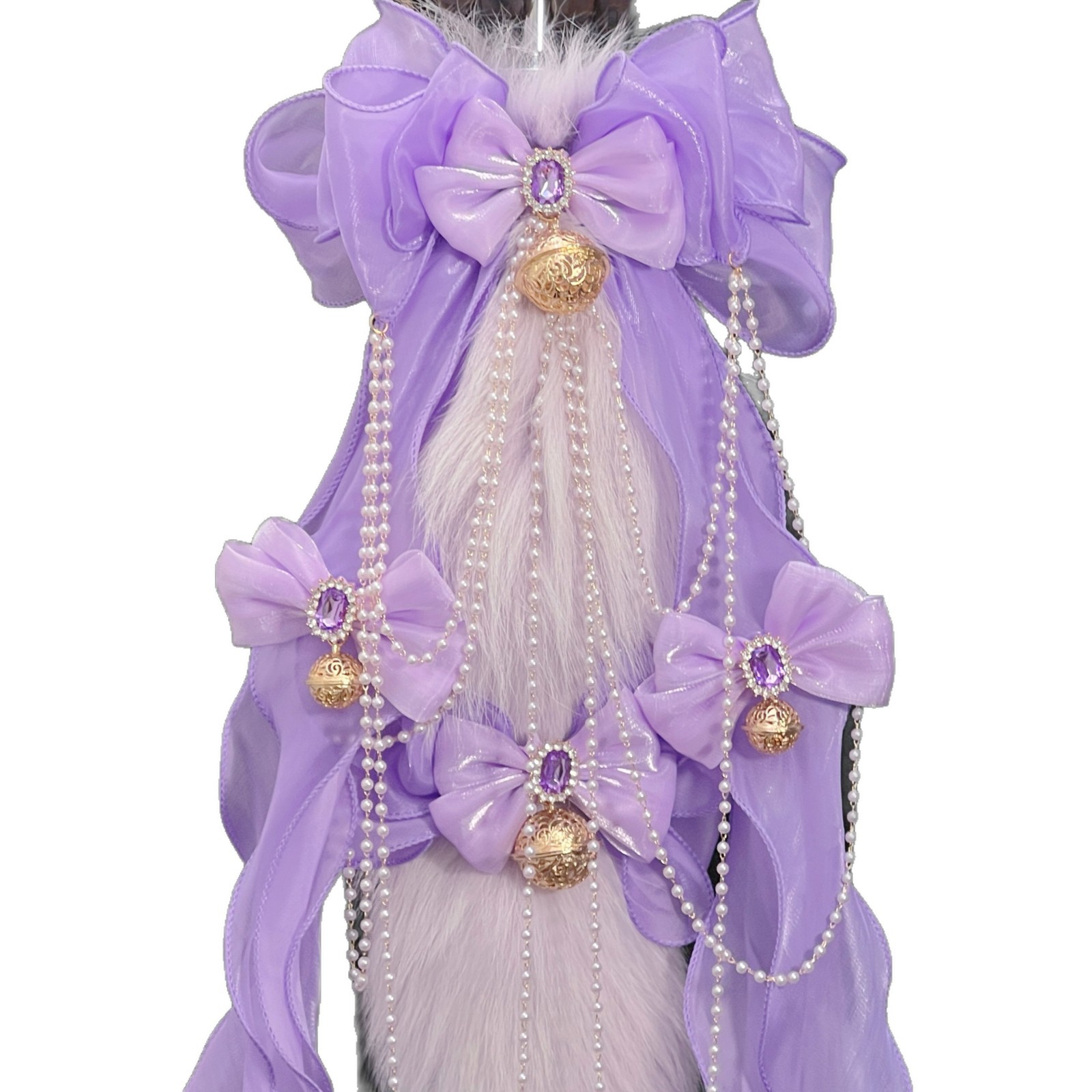 Lavender Fox Tail Nipple Clamps with Purple Yarn Bow Bell - Image 5