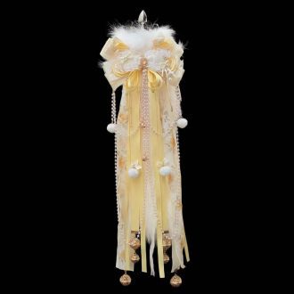 40cm Real Wool Fox Tail Butt Plug – Milky Yellow Bow & Bell