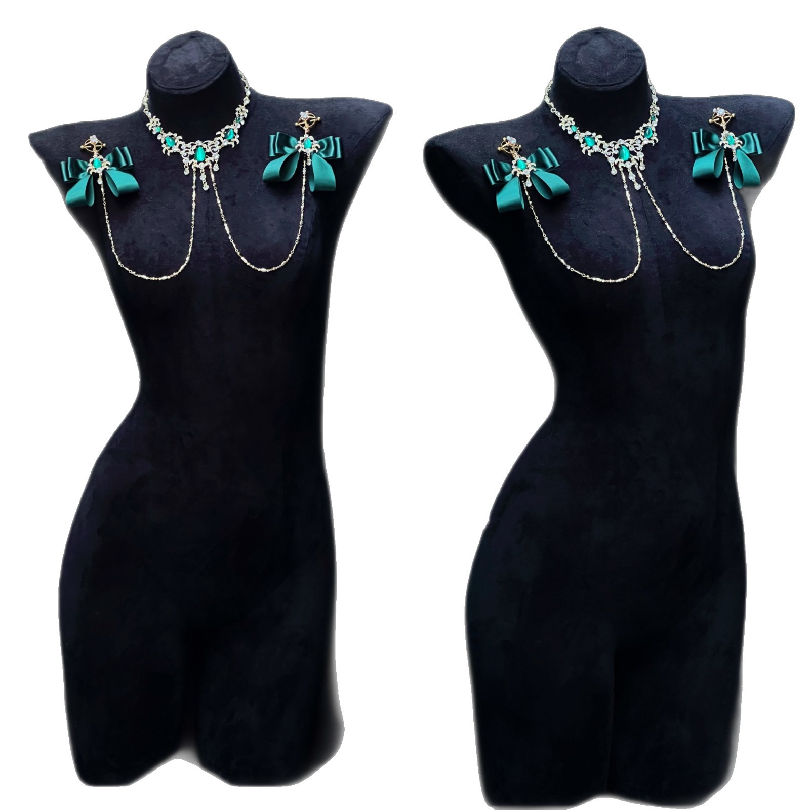 Cuiying Original Design Retro Imitation Diamond Chest Chain with Dark Green Bows - Image 5