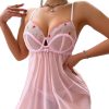 Women's Pink See-Through Lace-Up Backless Mesh Teddy Lingerie
