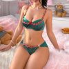 Red Floral Dark Green Strap Push Up Lingerie Set
