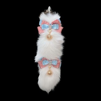 40cm Fox Real Fur Tail with Satin Ribbon Dance & Pink Blue Bow – Anal Plug with Bell