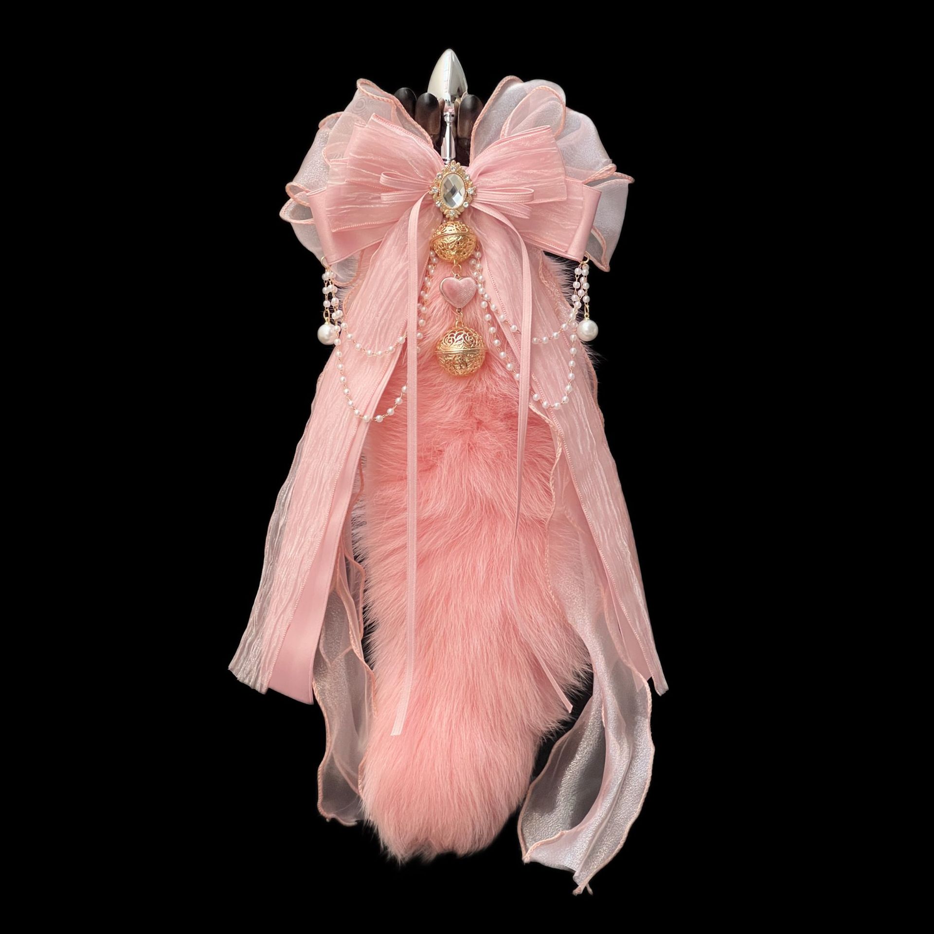 Rouge Pink Fox Fur Tail 40cm Anal Plug with Bell - Image 2