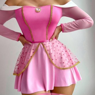 Meikeduo Pink Cute Girl Long Sleeve One-Shoulder Dress Sexy Lingerie Set