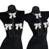 Champagne Gold Rhinestone Nipple Clamps with Chest Chain - Detachable Bow Accent