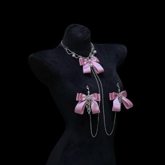 Alice Palace Style Pink Bow Rhinestone Chest Chain Necklace