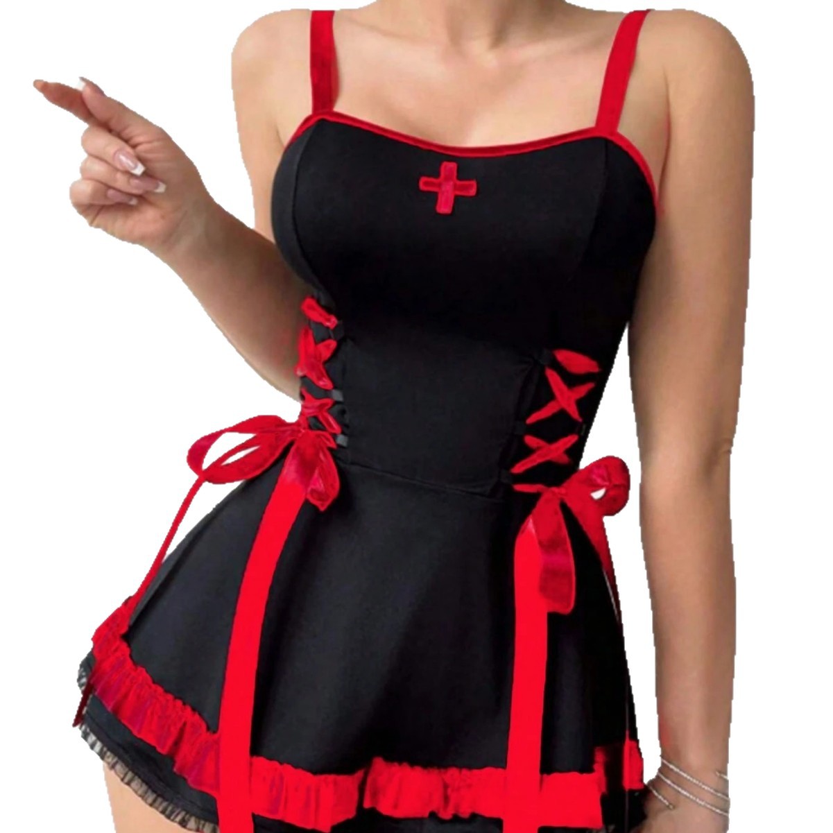Sexy Black & Red Nurse Lingerie Costume for Women - Image 5