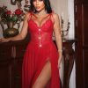 Deep V Lace Strap Sexy Pajama Dress with Side Slit