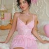 Sexy Pink See-Through Lace Bow One-Piece Lingerie Suspender Skirt Set