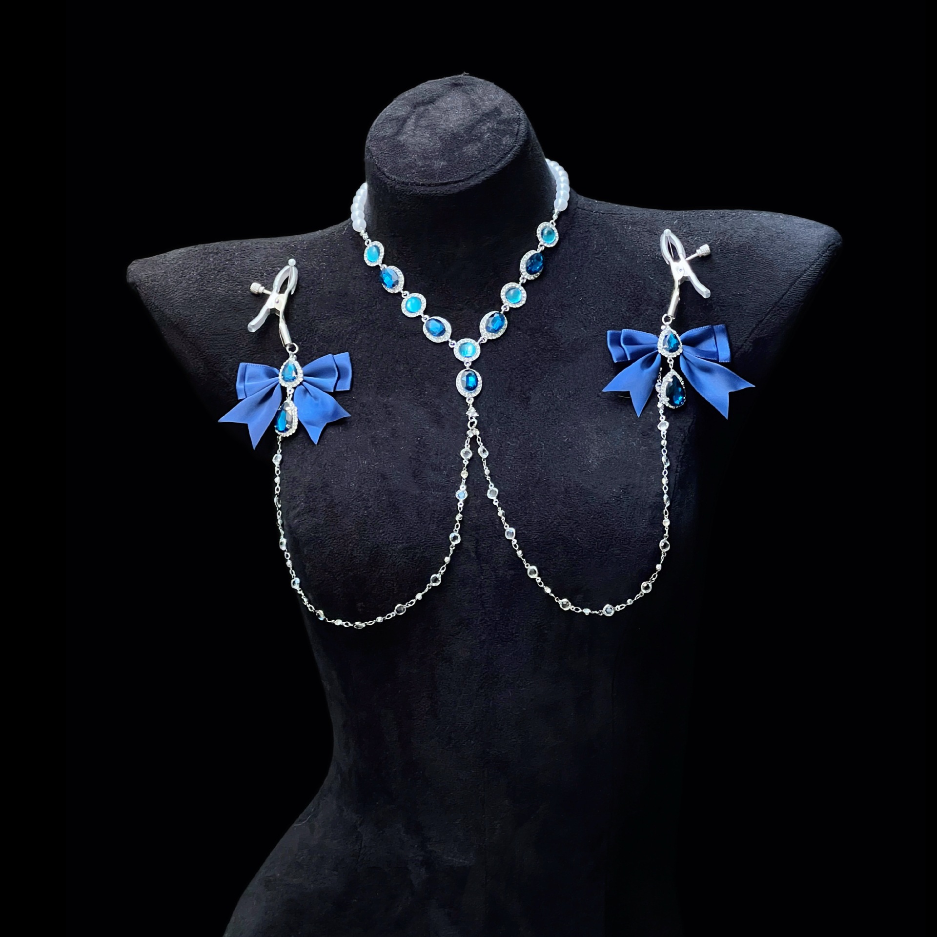 Retro Dark Blue Zircon Nipple Clamps Chest Chain Necklace - Image 4