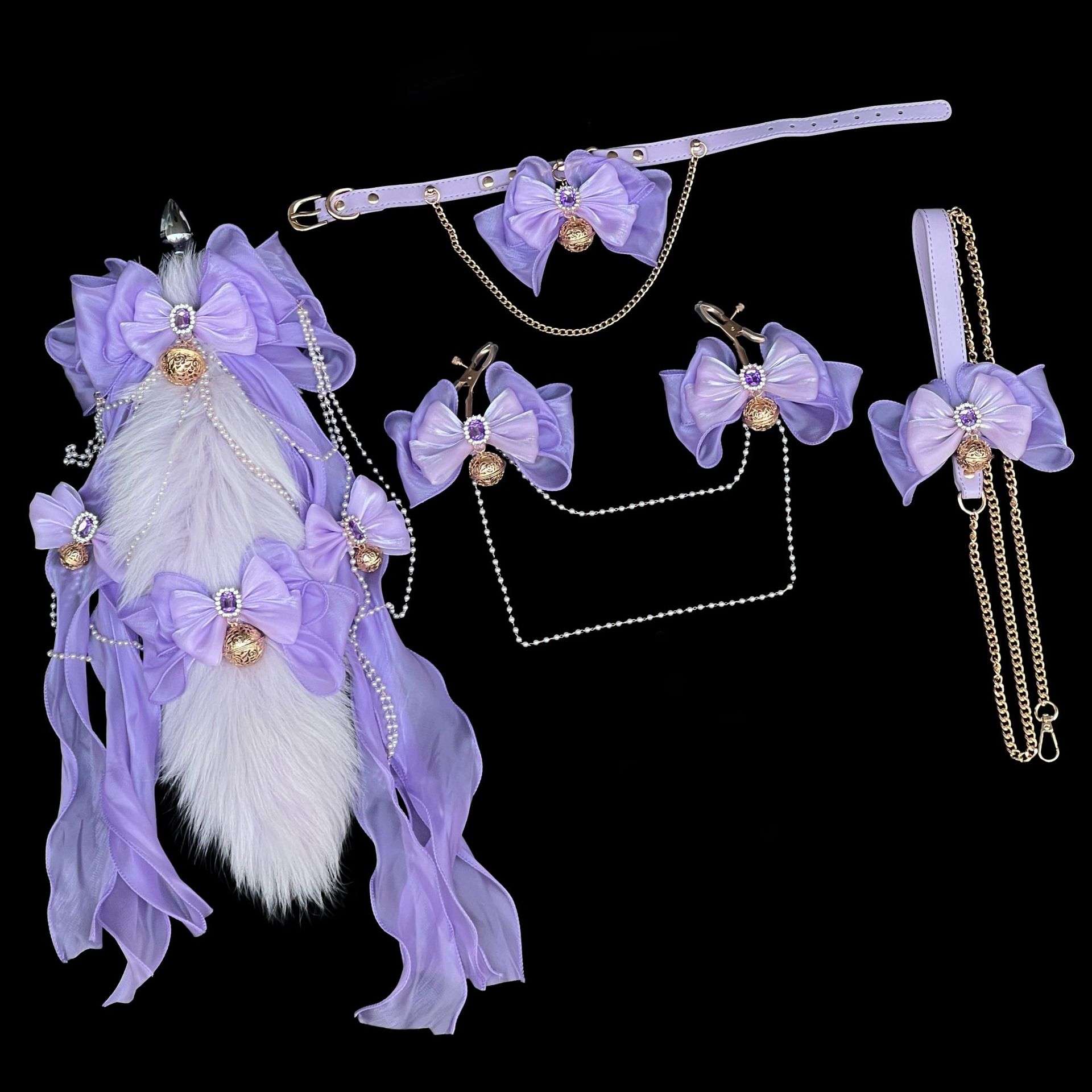 Lavender Fox Tail Nipple Clamps with Purple Yarn Bow Bell - Image 8