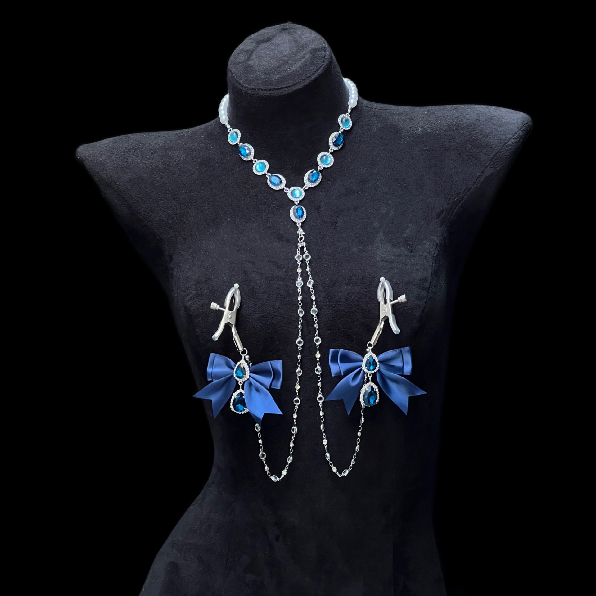 Retro Dark Blue Zircon Nipple Clamps Chest Chain Necklace - Image 3
