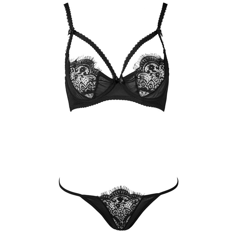 Black Eyelash Lace Bra & Panty Set - Thin Cup, Steel Ring, Low Waist Sexy Lingerie
